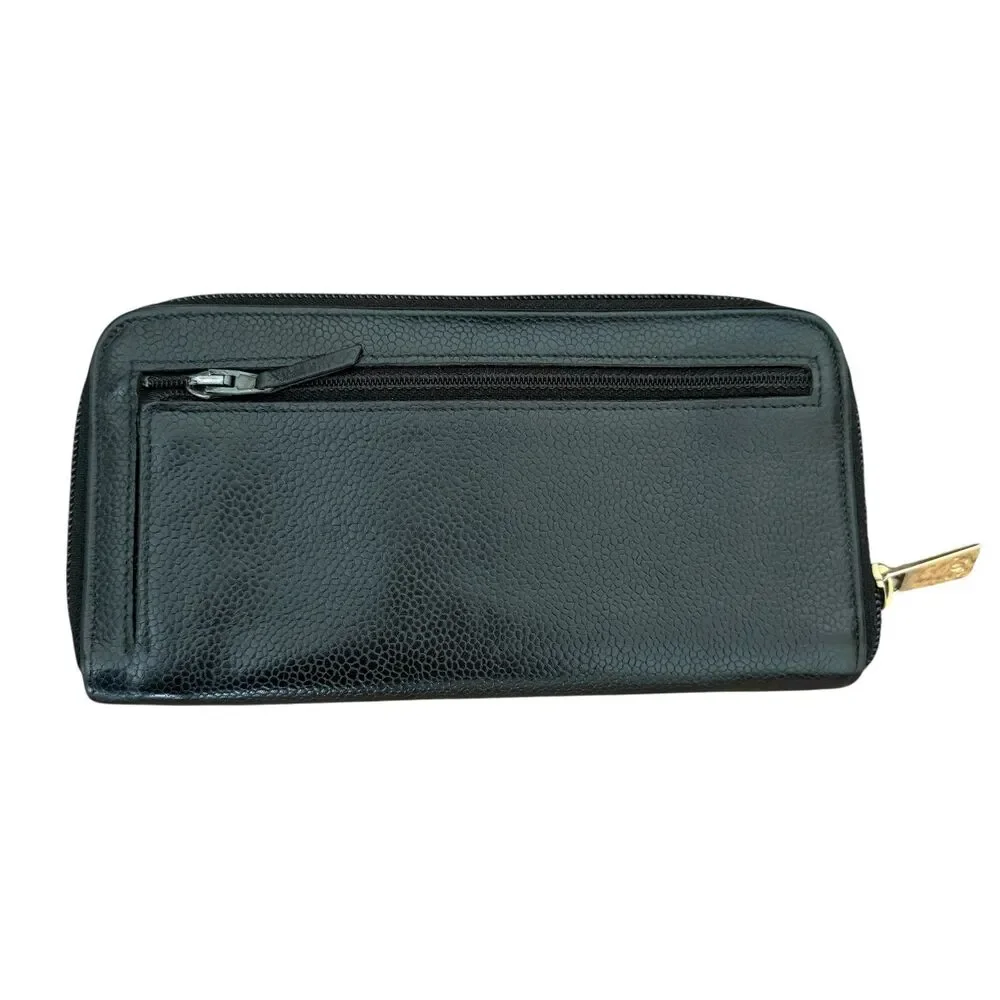 Chanel CC caviar black leather long zip around wallet authentic with COA gold t